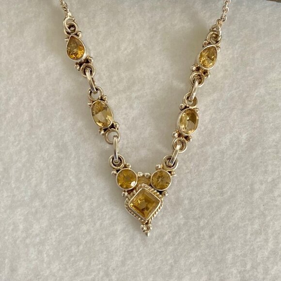 Sterling Silver 925 Multi Gemstone Citrine Collar V Necklace Cable Chain 17" - Picture 6 of 16